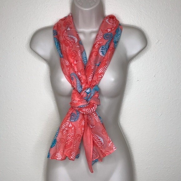 Seahorse Graphic Coral Aqua Teal Long Rectangle Scarf 22 X 71 Lightweight - Picture 6 of 7